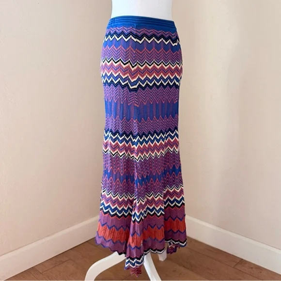 Sandro Paris Pointelle Chevron Zig Zag Knit Midi Skirt in Blue & Rust 2 US 6 - Picture 3 of 14